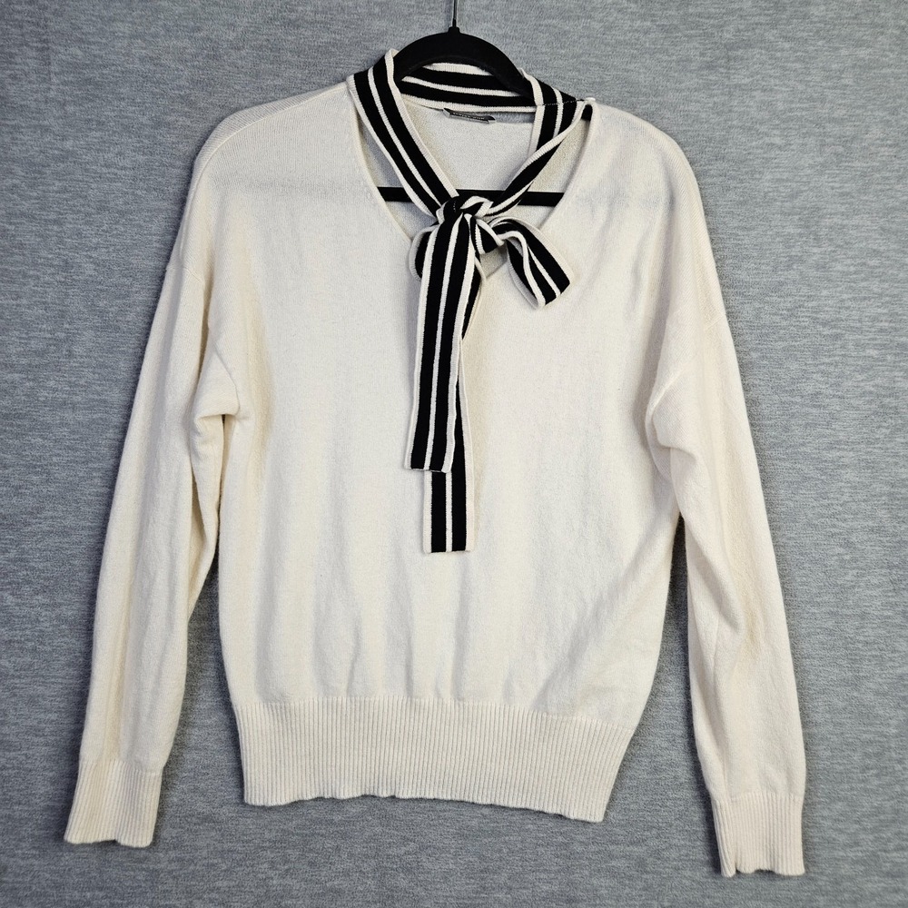 Daisy Silk Women Ivory Sweater Black Stripe Bow Tie Neck Cashmere Sz 1 US XS
